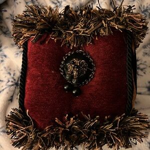 Luxurious Red and Black Fringed Accent Pillow